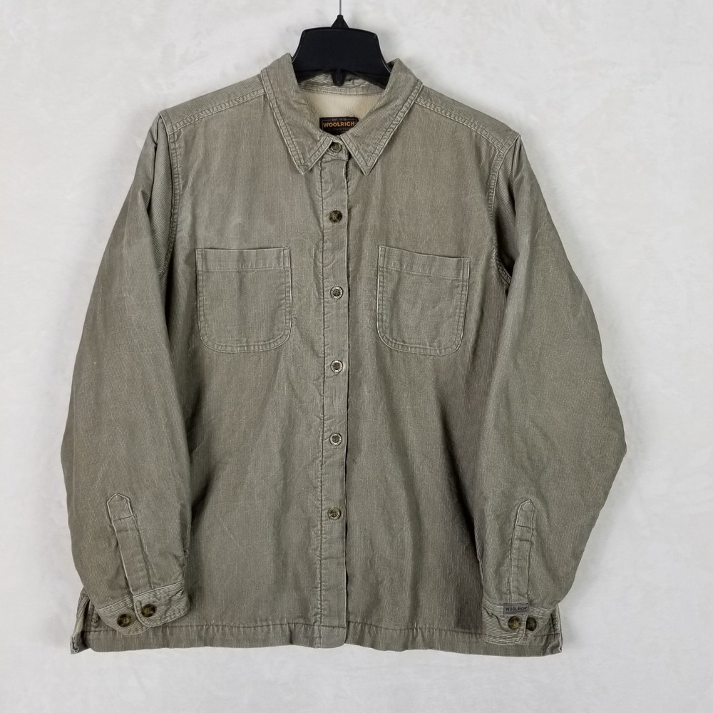 Woolrich Corduroy Shirt Jacket Men XL Olive Green Fleece Lined Cotton Shacket
